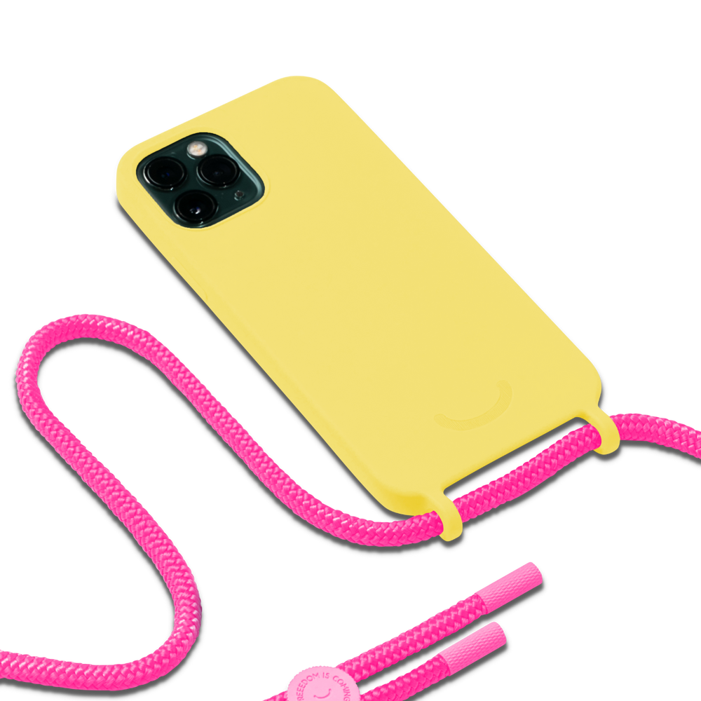 YELLOW SILICONE CASE + NEON PINK NECKLACE